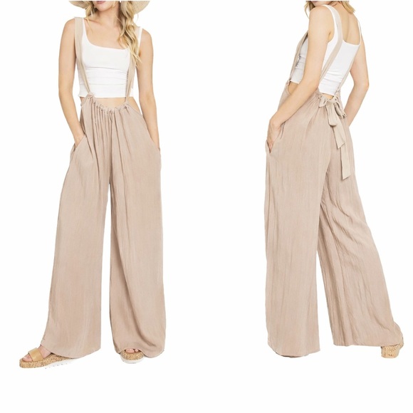 Zenana Outfitters Pants - Zenana Light Mocha Tie Back Suspender Wide Leg Jumpsuit Pockets Boho